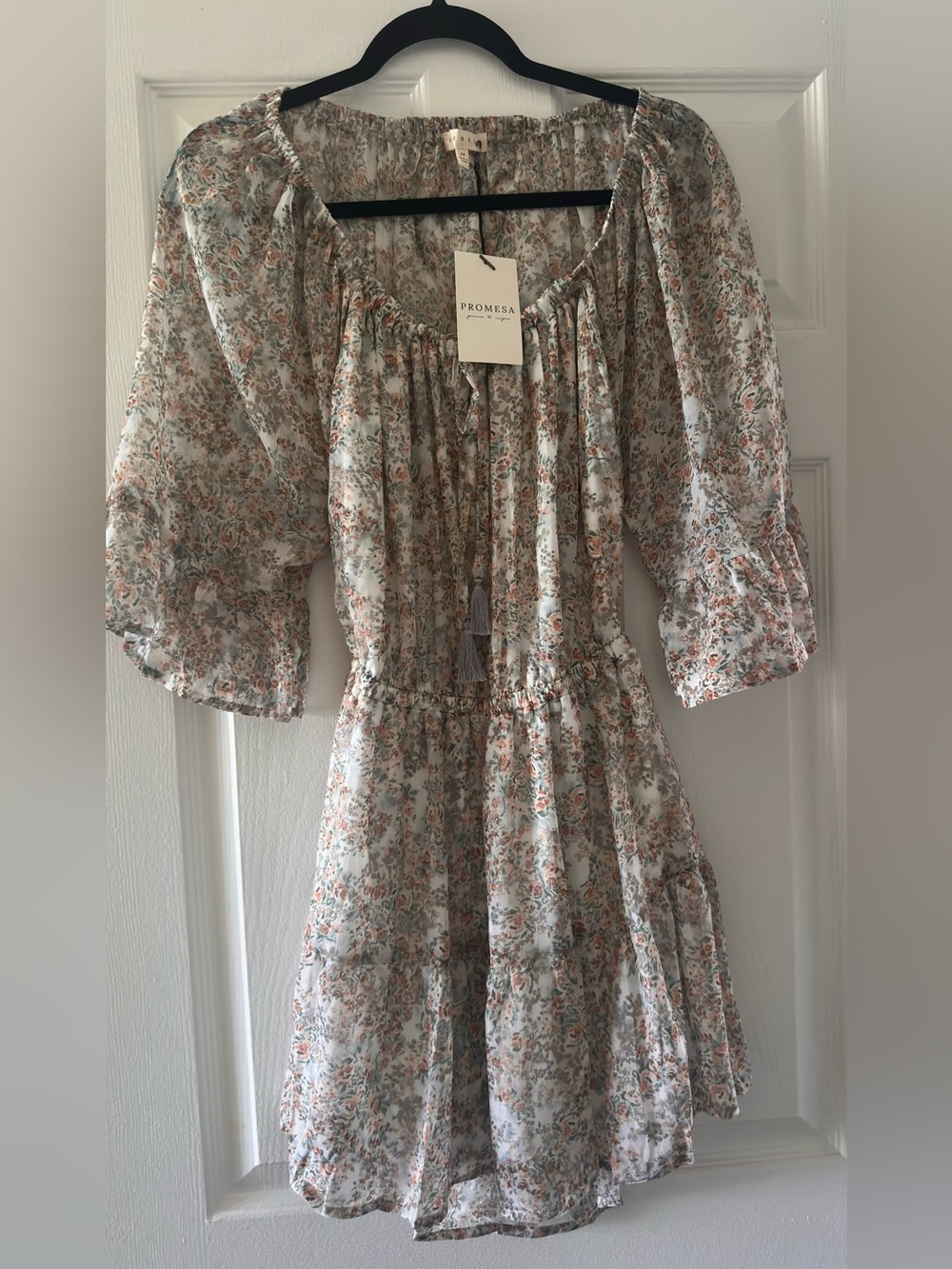 Promesa Sheer Floral Tiered Dress in Ivory with Peach & Sage